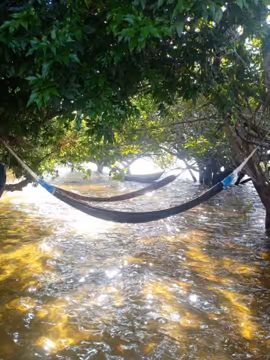 Hängematten über dem Wasser in einer Amazonas-Landschaft