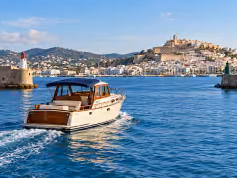 Illustrative image of a boat navigating near Ibiza